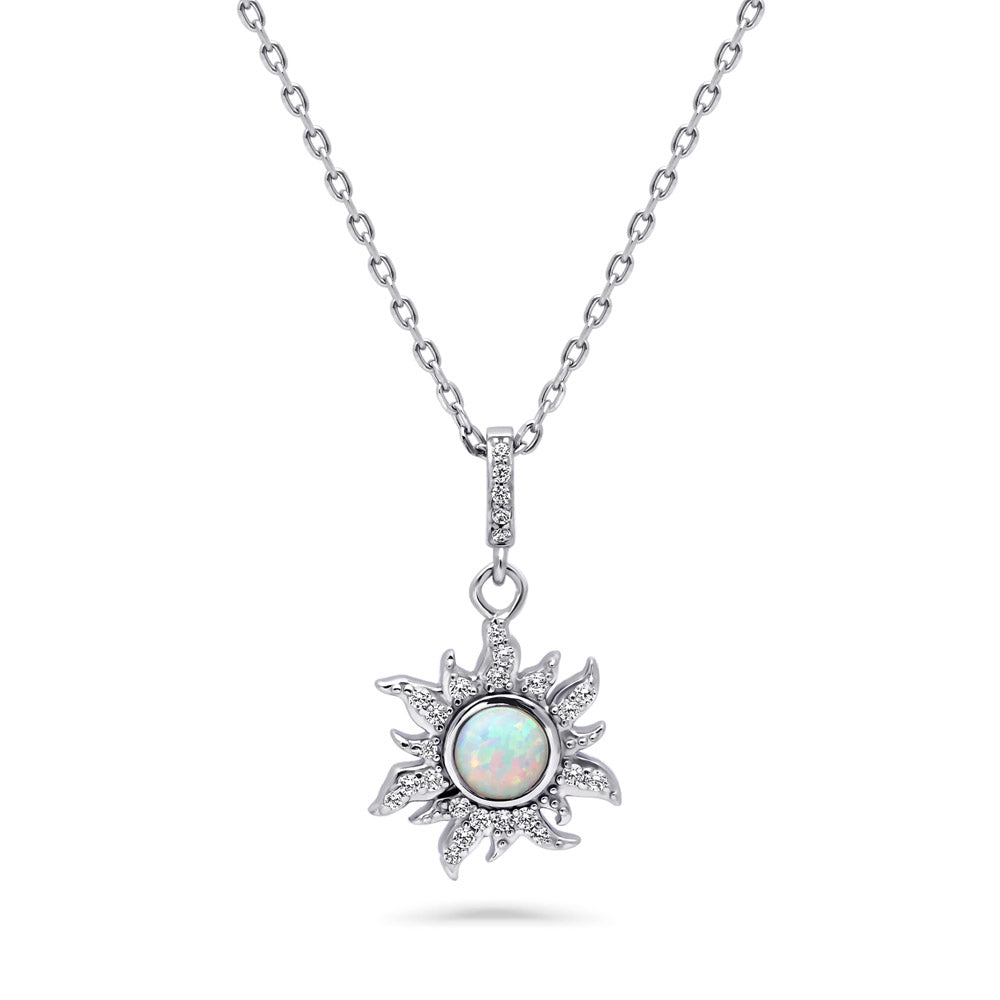 Sunburst Halo Simulated Opal CZ Necklace in Sterling Silver, Rhodium Plated