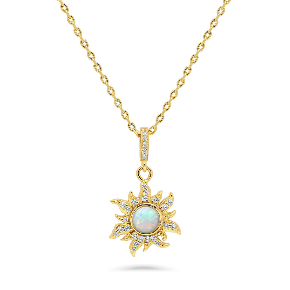 Sunburst Halo Simulated Opal CZ Necklace in Sterling Silver, Yellow Gold Flashed