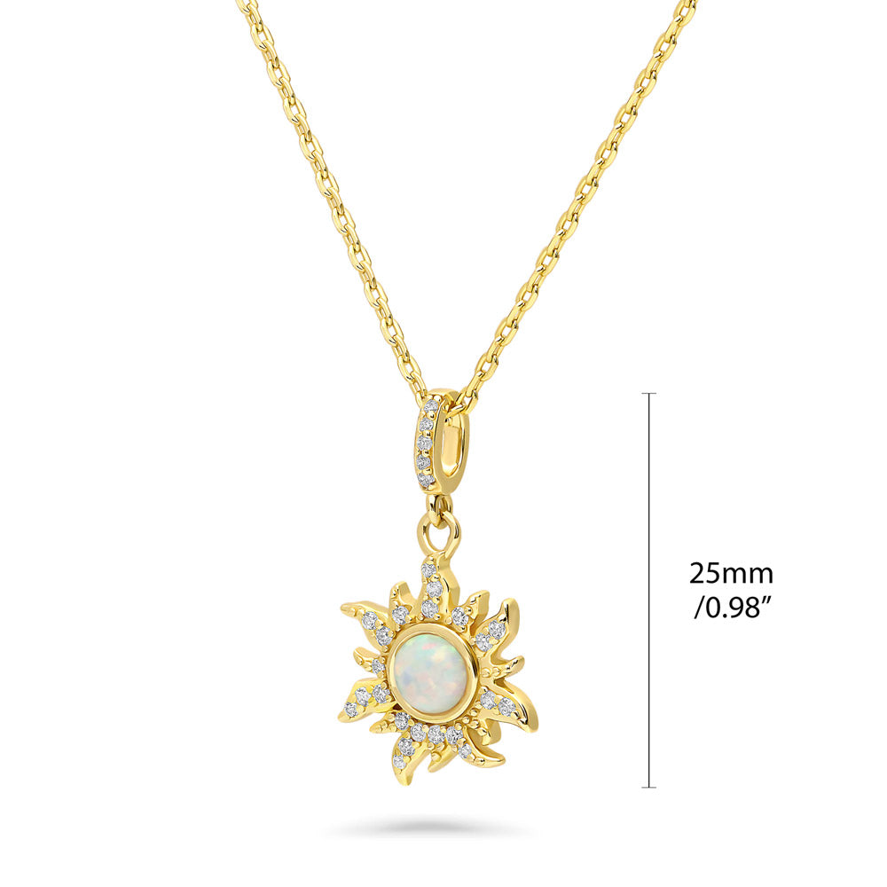 Front view of Sunburst Halo Simulated Opal CZ Necklace in Sterling Silver, Yellow Gold Flashed