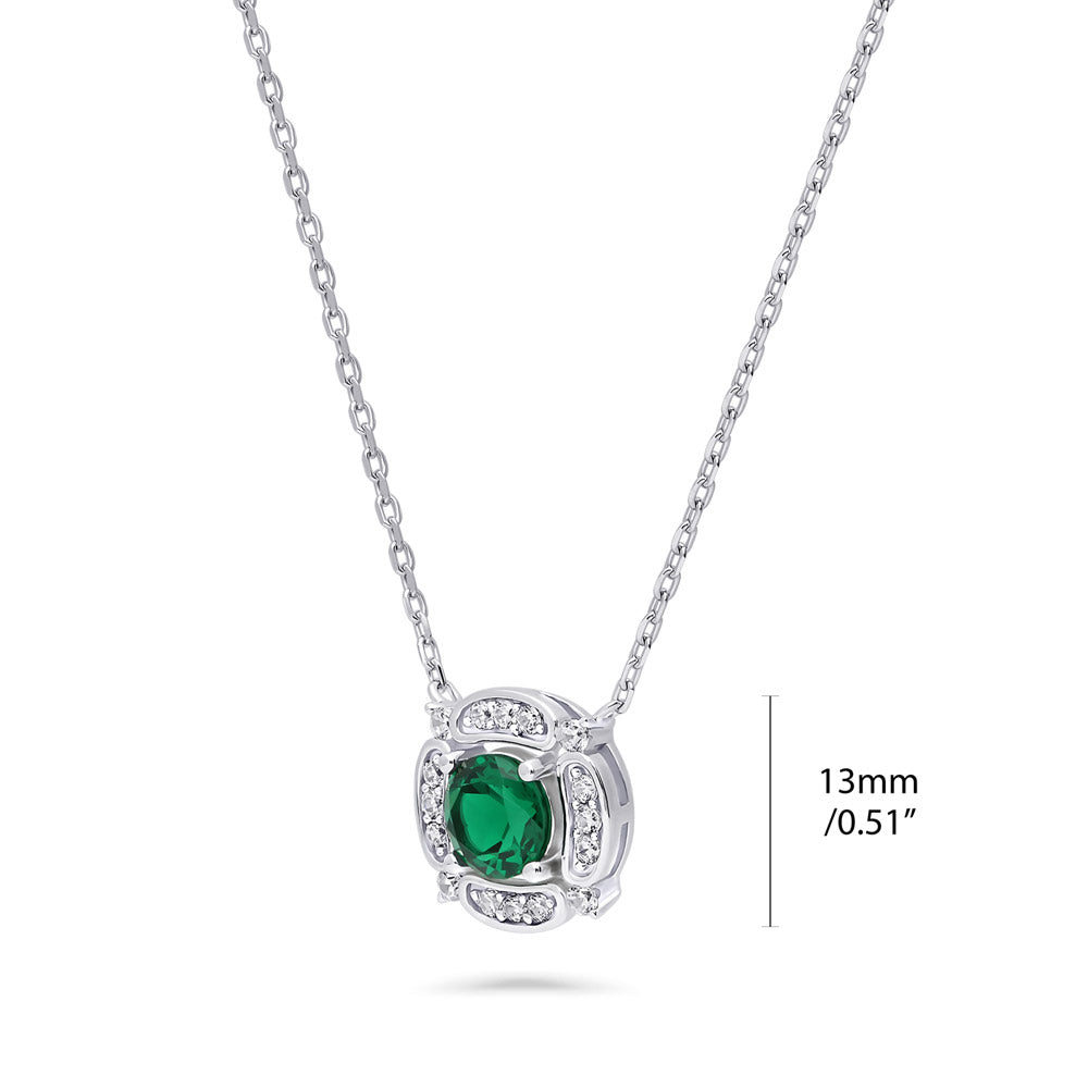 Front view of Flower Halo CZ Necklace and Earrings in Sterling Silver, Emerald Color