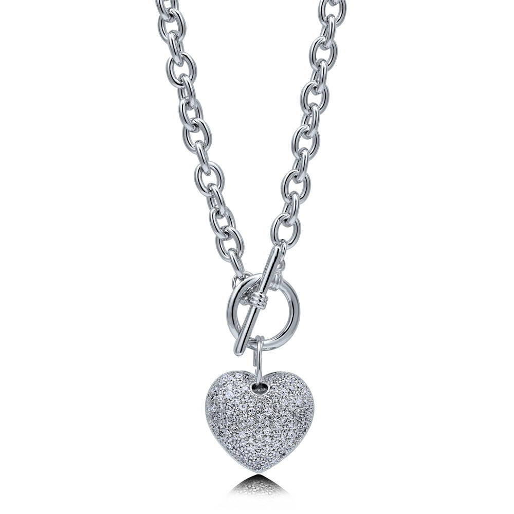 Heart CZ Toggle Pendant Necklace in Silver-Tone, 1 of 9