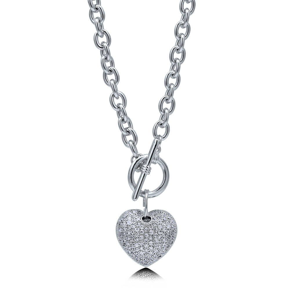 Heart CZ Necklace Earrings and Bracelet Set in Silver-Tone