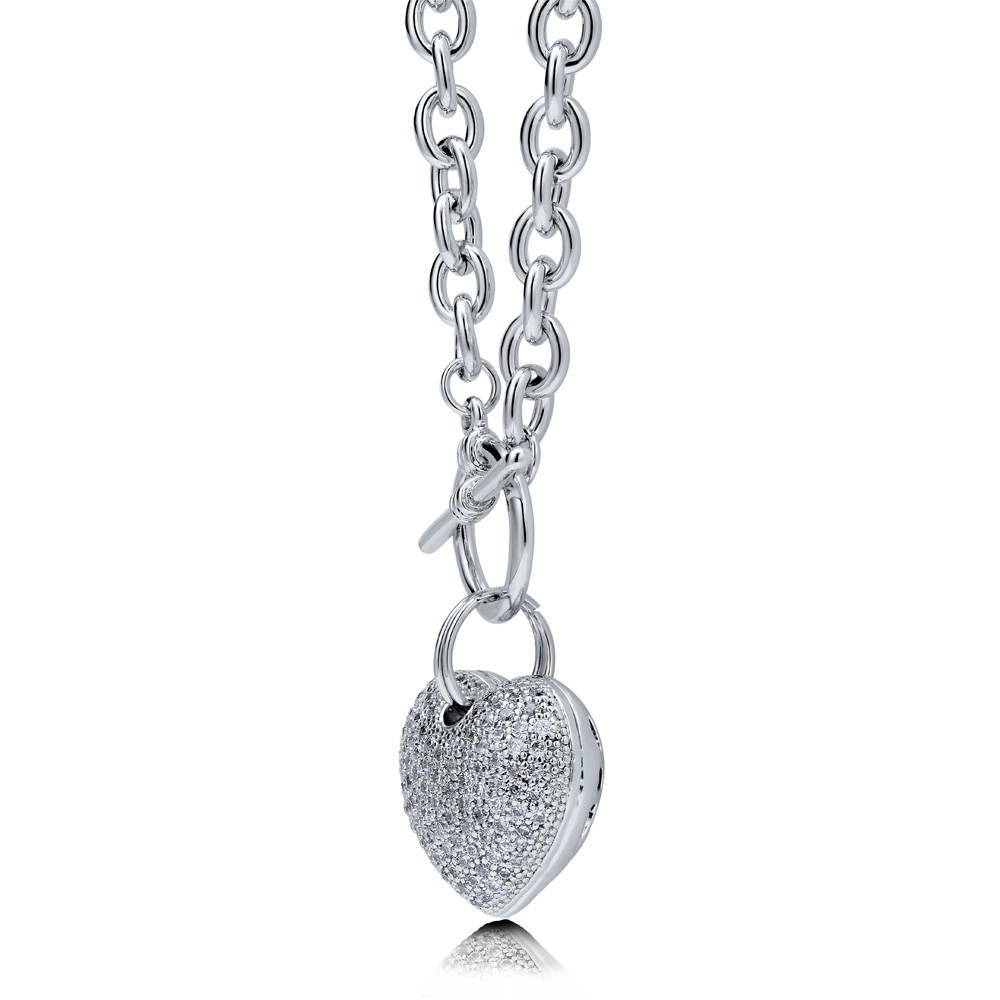 Heart CZ Necklace Earrings and Bracelet Set in Silver-Tone, front view
