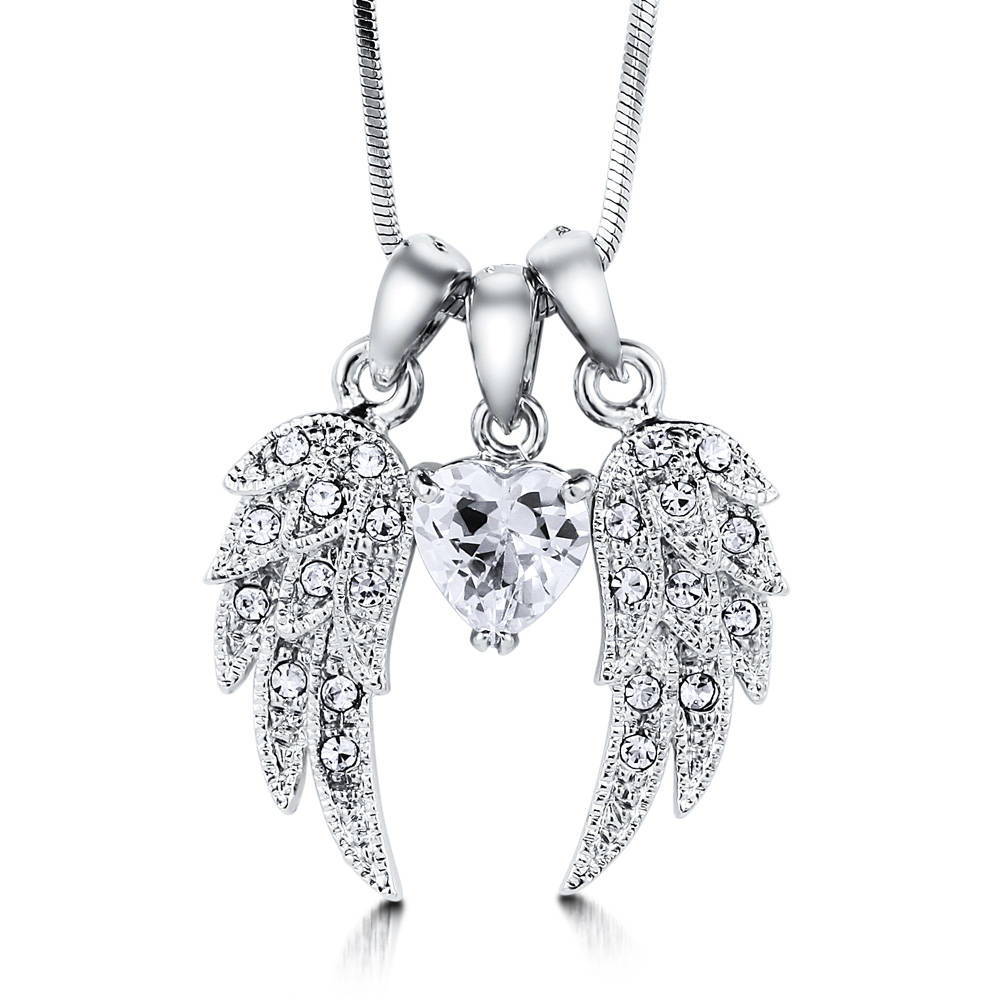 Front view of Angel Wings CZ Pendant Necklace in Silver-Tone, 3 of 6