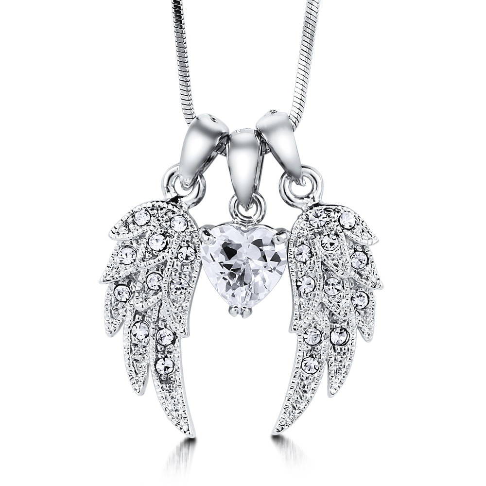 Front view of Angel Wings CZ Necklace and Earrings in Silver-Tone, 6 of 9