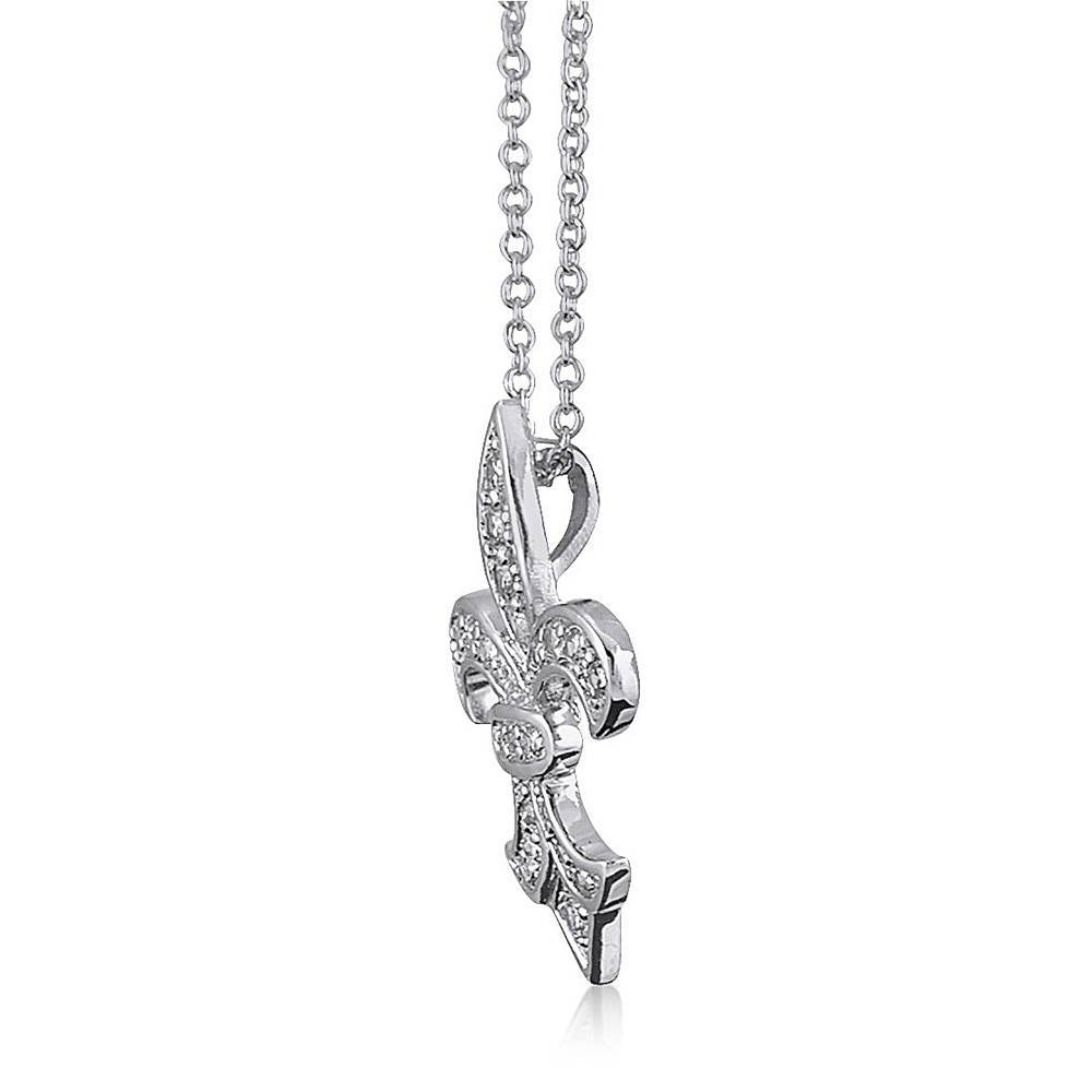 Front view of Fleur De Lis CZ Pendant Necklace in Sterling Silver, 3 of 6
