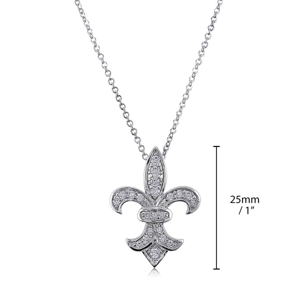 Fleur De Lis CZ Pendant Necklace in Sterling Silver