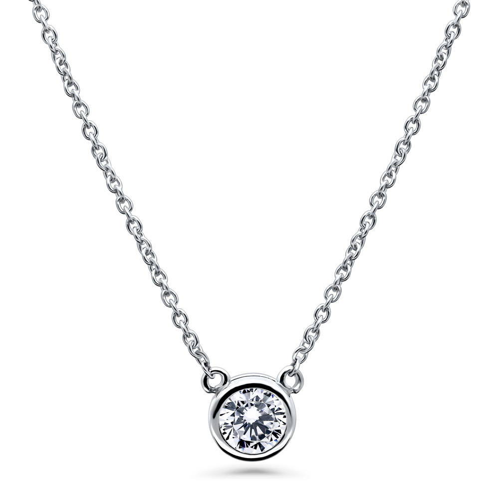 Bar Solitaire Bezel Set CZ Pendant Necklace in Sterling Silver, 2 Piece