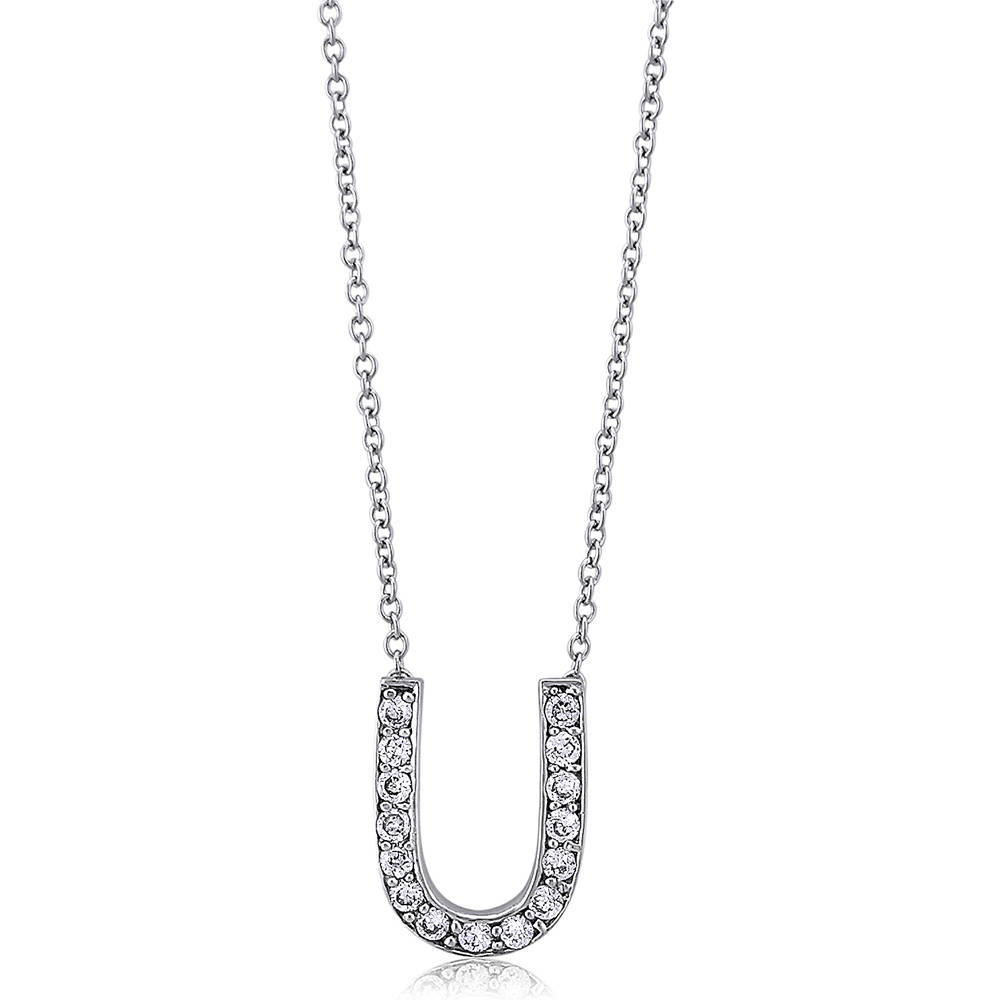 Initial Letter CZ Necklace in Sterling Silver, U
