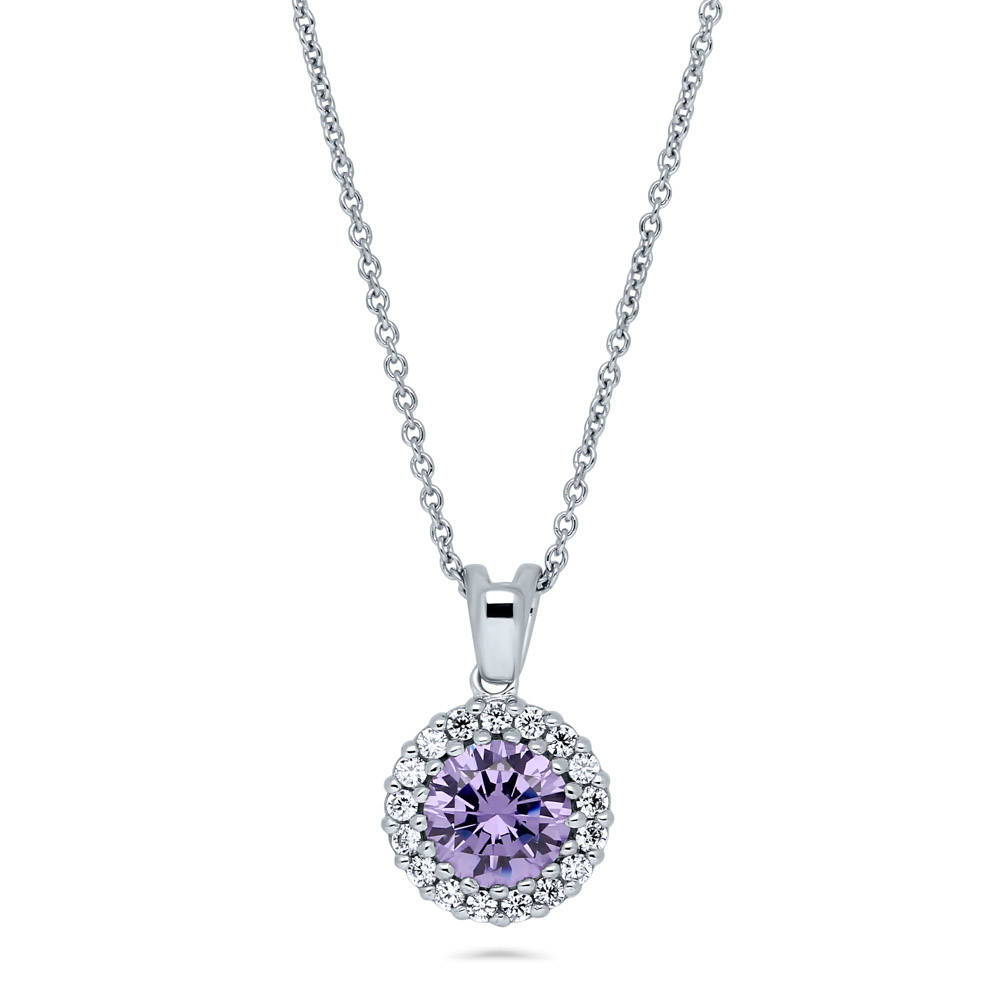 Halo Purple Round CZ Pendant Necklace in Sterling Silver
