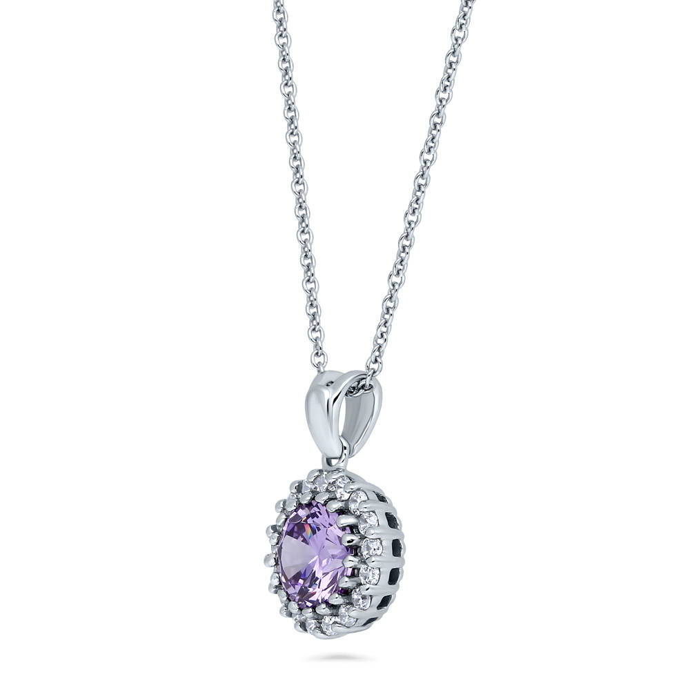 Halo Purple Round CZ Pendant Necklace in Sterling Silver