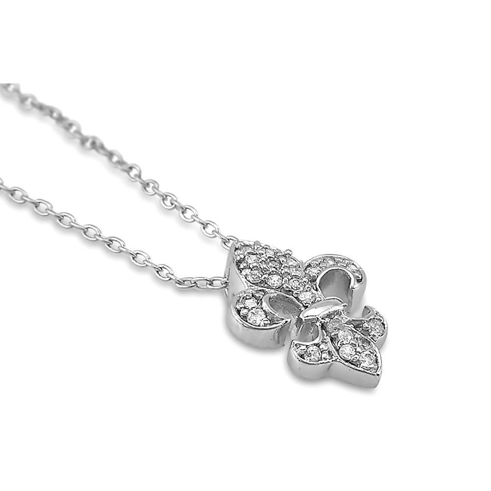 Front view of Fleur De Lis CZ Necklace and Huggie Earrings Set in Sterling Silver, 7 of 17