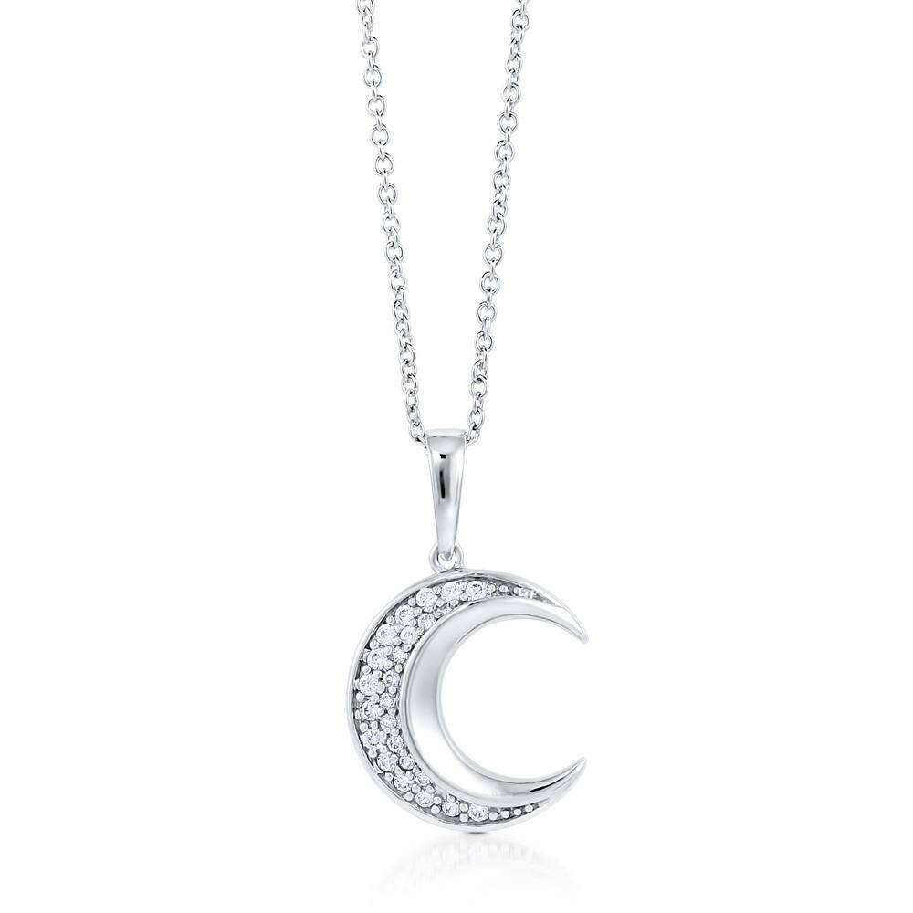 Front view of Crescent Moon CZ Pendant Necklace in Sterling Silver, 4 of 9