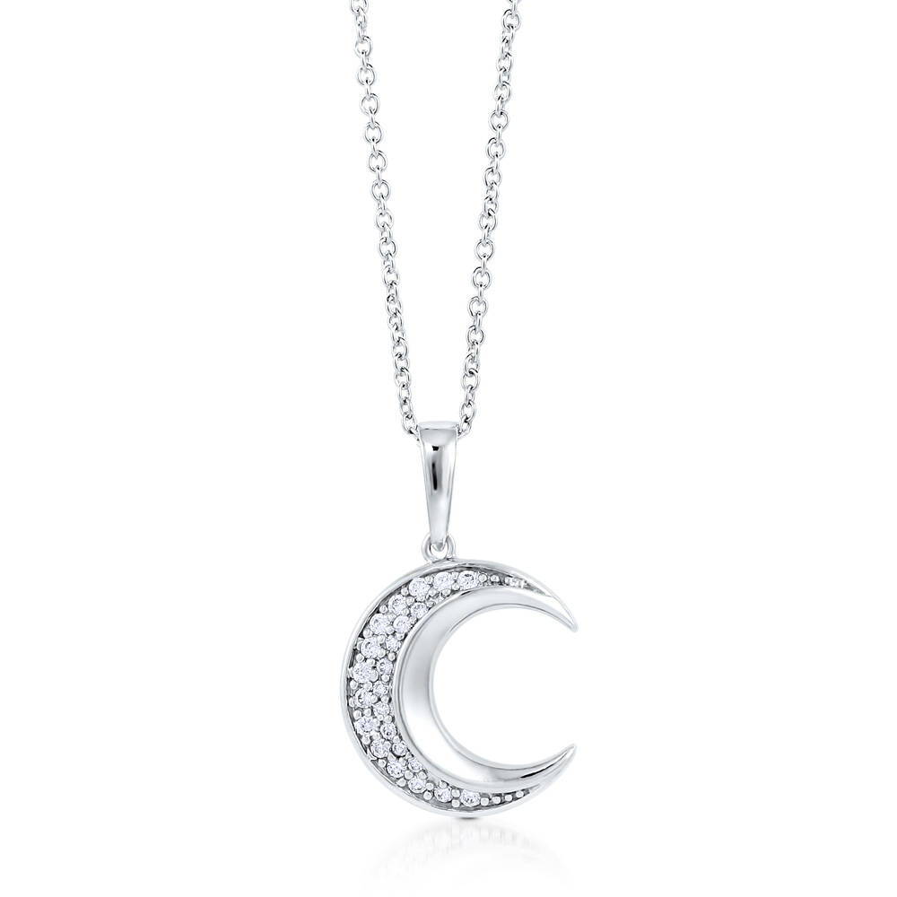 Front view of Crescent Moon CZ Necklace in Sterling Silver, 4 of 9