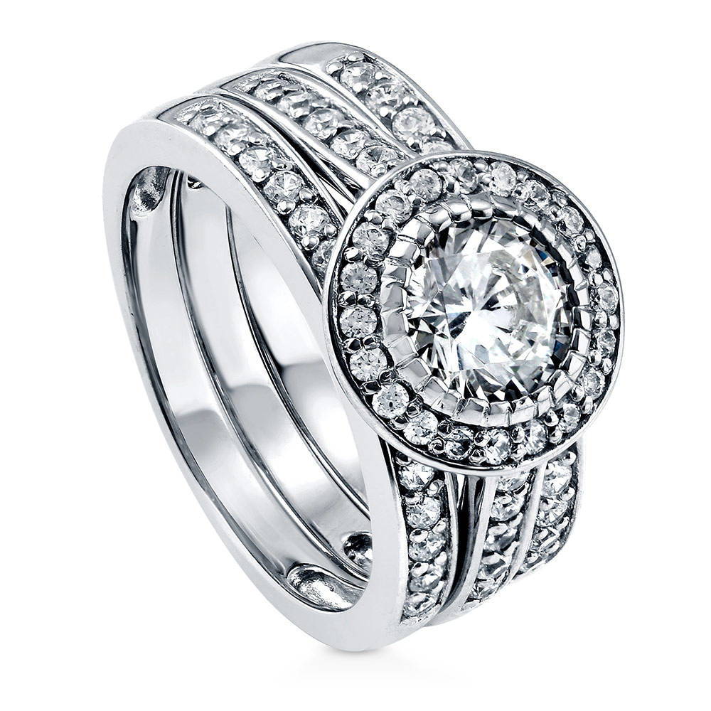 Halo Round CZ Statement Ring Set in Sterling Silver