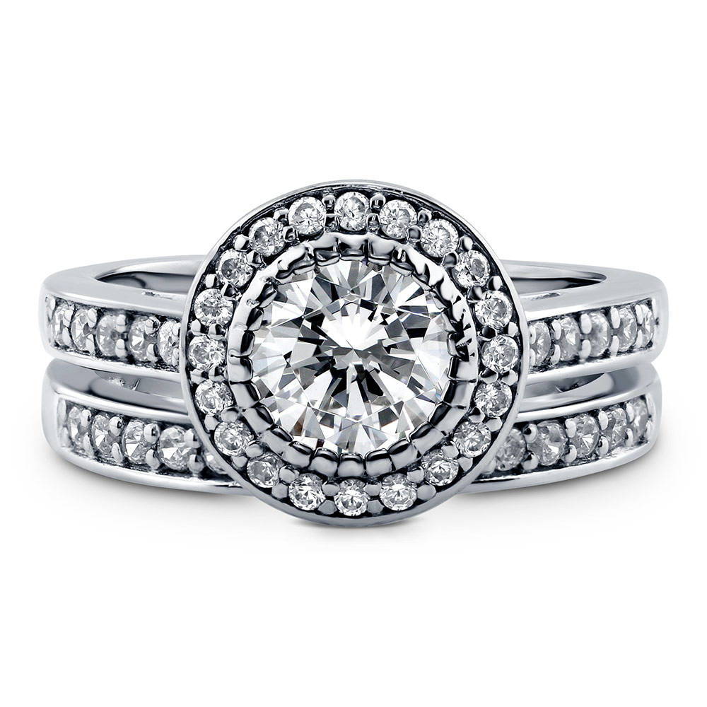 Halo Round CZ Ring Set in Sterling Silver, 1 of 9