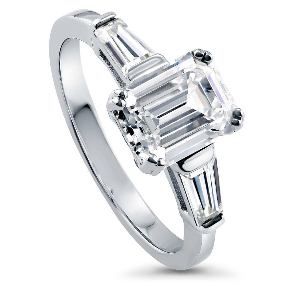Front view of 3-Stone 2.1ct Emerald Cut CZ Ring in Sterling Silver, 4 of 18