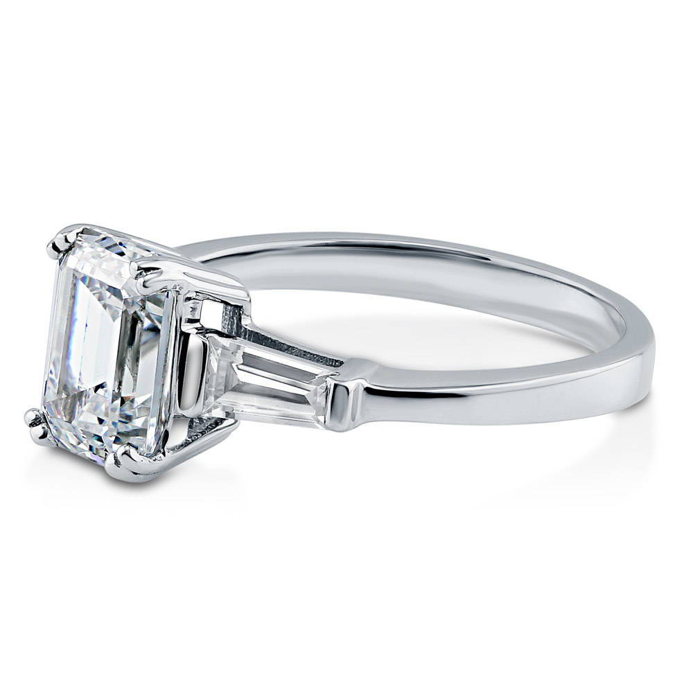 Angle view of 3-Stone 2.1ct Emerald Cut CZ Ring in Sterling Silver, 5 of 18