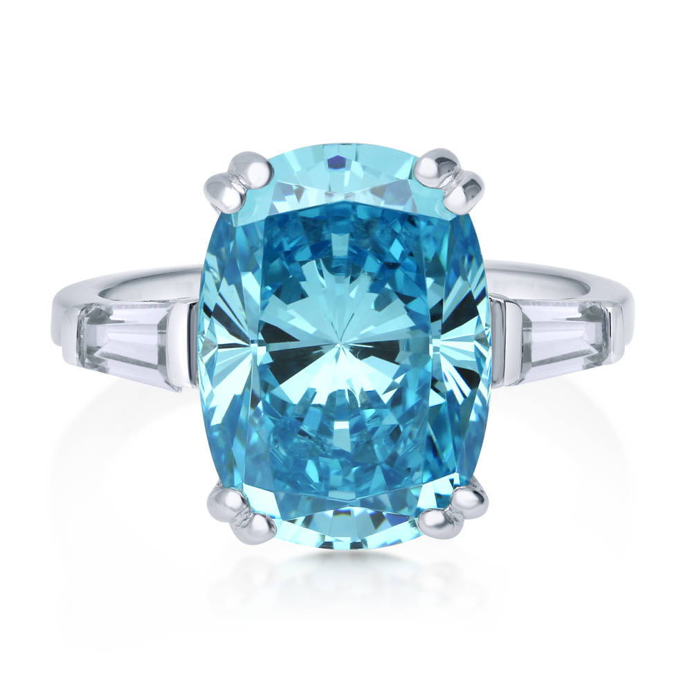 3-Stone Blue Cushion CZ Statement Ring in Sterling Silver, 1 of 8