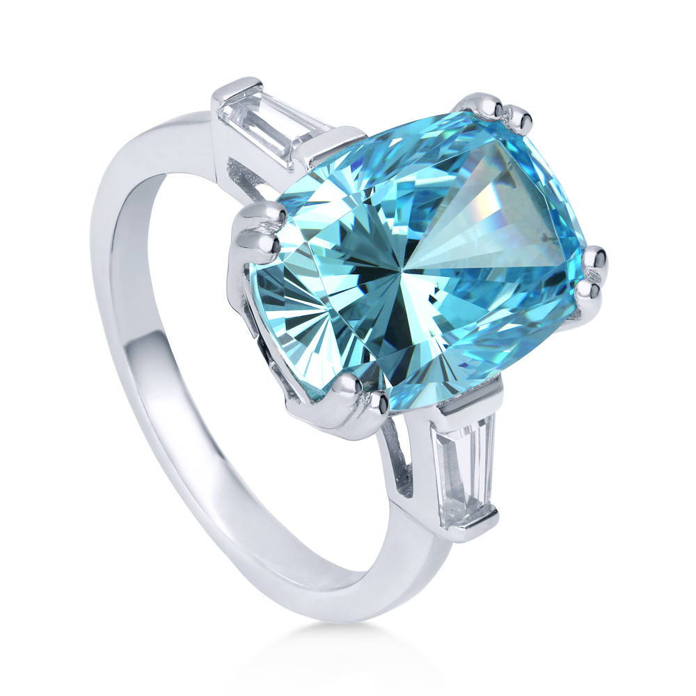 Front view of 3-Stone Blue Cushion CZ Statement Ring in Sterling Silver, 4 of 8