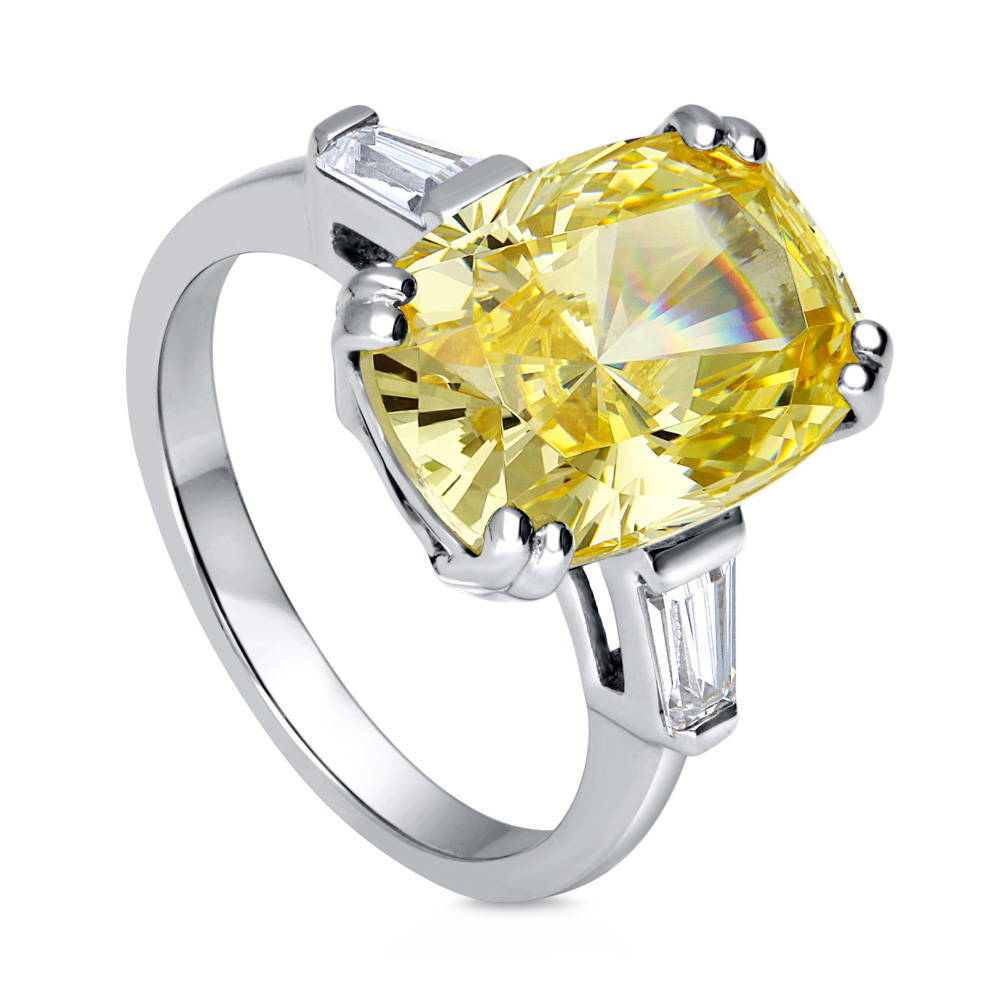 Front view of 3-Stone Canary Yellow Cushion CZ Statement Ring in Sterling Silver, 3 of 10
