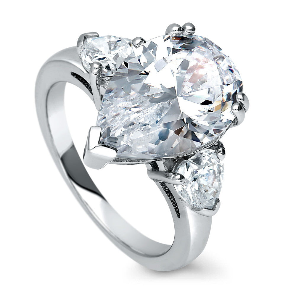 Front view of 3-Stone Pear CZ Statement Ring in Sterling Silver, 3 of 10
