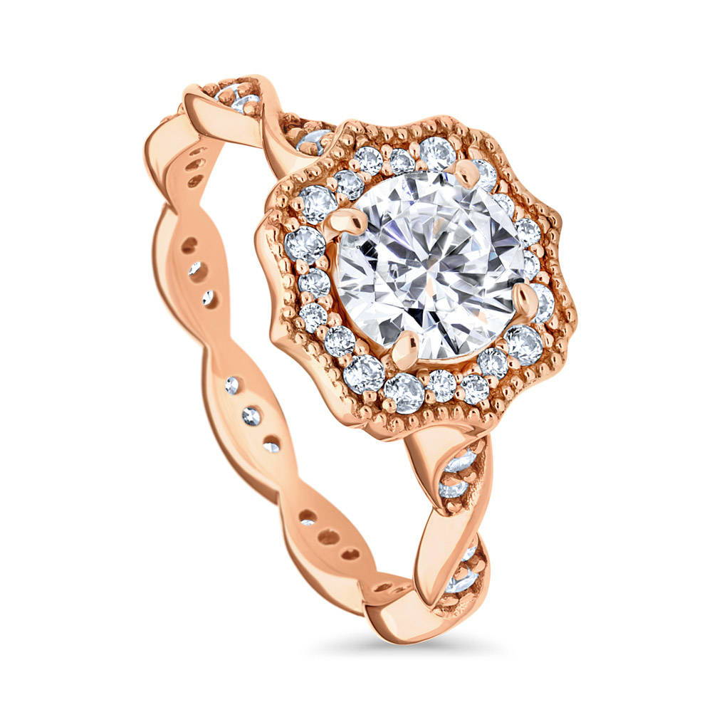 Front view of Halo Art Deco CZ Ring in Rose Gold Plated Sterling Silver, 4 of 8