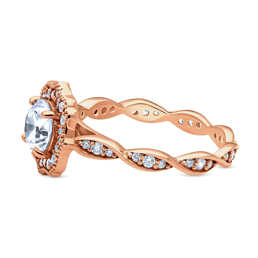 Angle view of Halo Art Deco CZ Ring in Rose Gold Plated Sterling Silver, 5 of 8