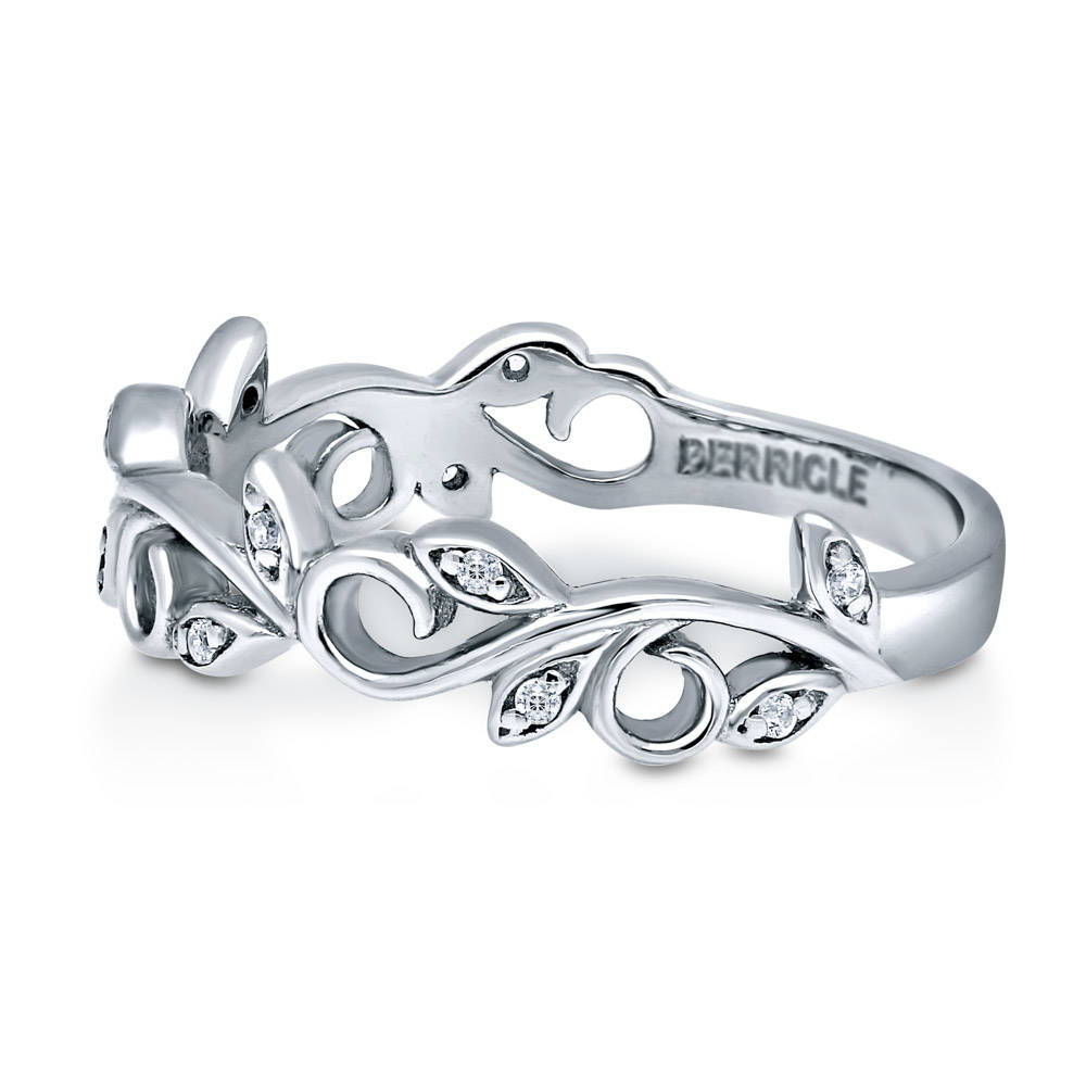 Angle view of Leaf Filigree CZ Ring in Sterling Silver, 5 of 10