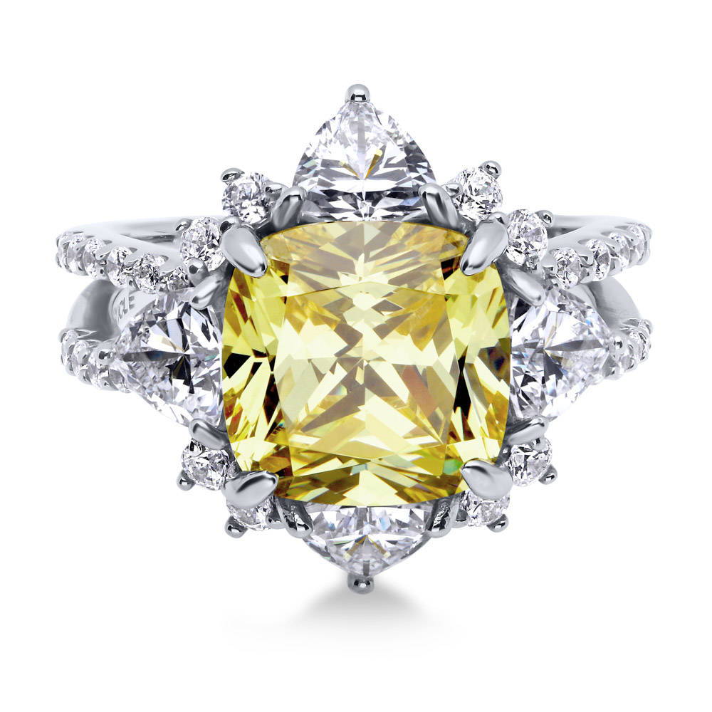 Halo Flower Canary Cushion CZ Split Shank Ring in Sterling Silver, 1 of 9