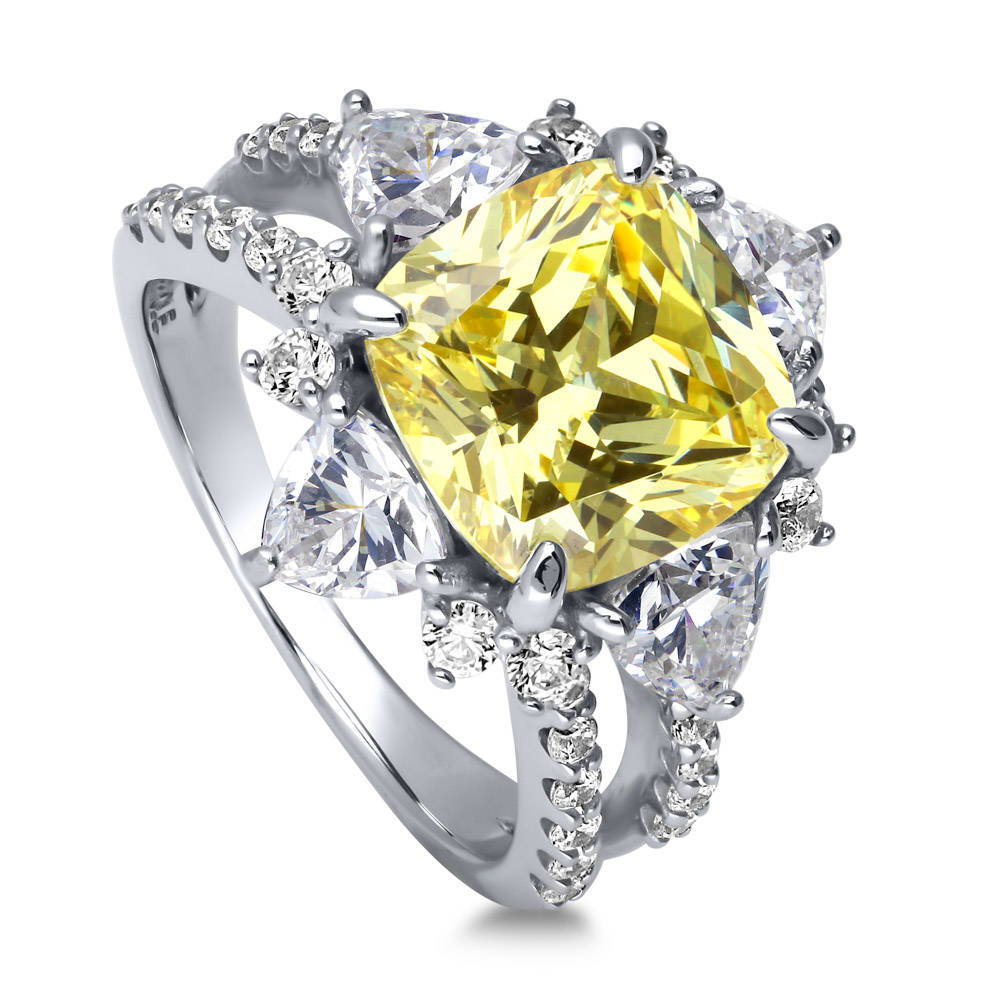 Front view of Halo Flower Canary Cushion CZ Split Shank Ring in Sterling Silver, 4 of 9