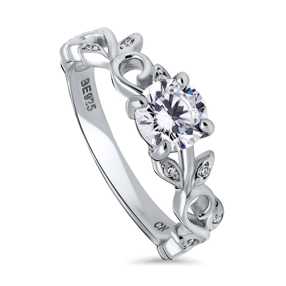 Front view of Solitaire Leaf 0.8ct Round CZ Ring in Sterling Silver, 4 of 7