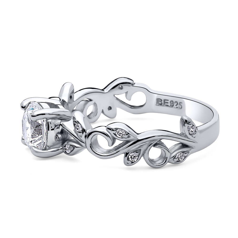 Angle view of Solitaire Leaf Filigree 0.8ct CZ Ring in Sterling Silver, 5 of 7