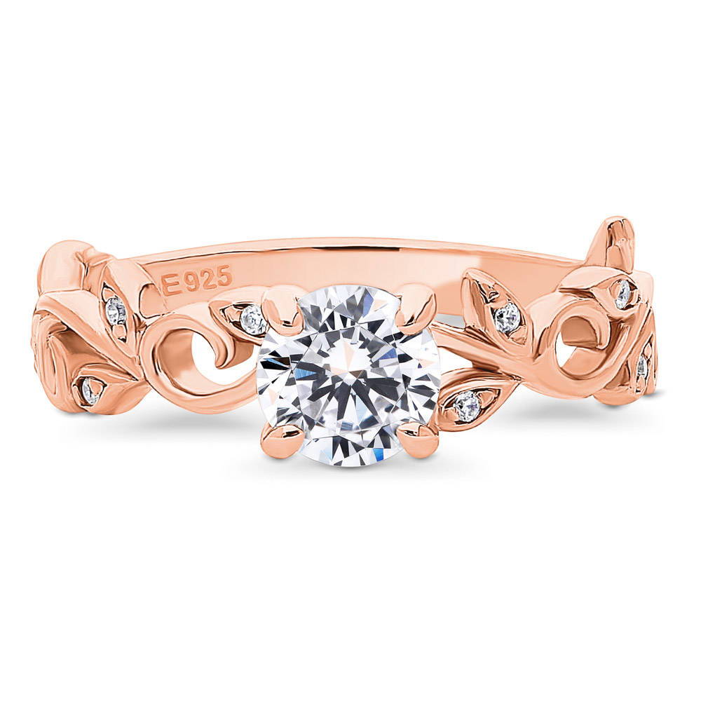 Solitaire Leaf 0.8ct Round CZ Ring in Rose Gold Plated Sterling Silver, 1 of 8