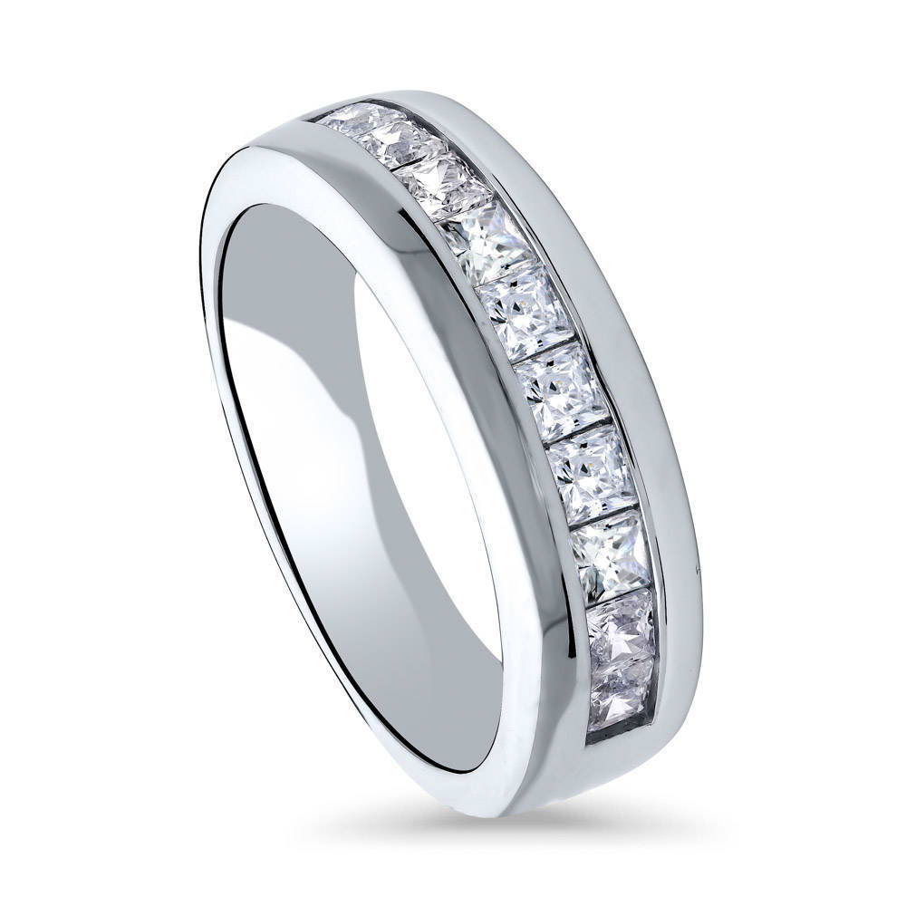 Front view of Channel Set Princess CZ Half Eternity Ring in Sterling Silver, 2 of 5