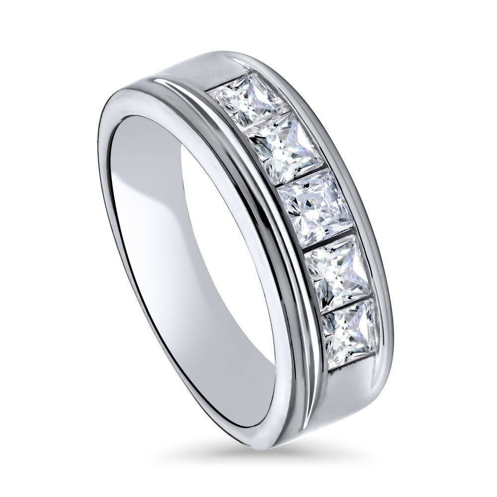 Front view of 5-Stone Channel Princess CZ Eternity Ring in Sterling Silver, 2 of 6
