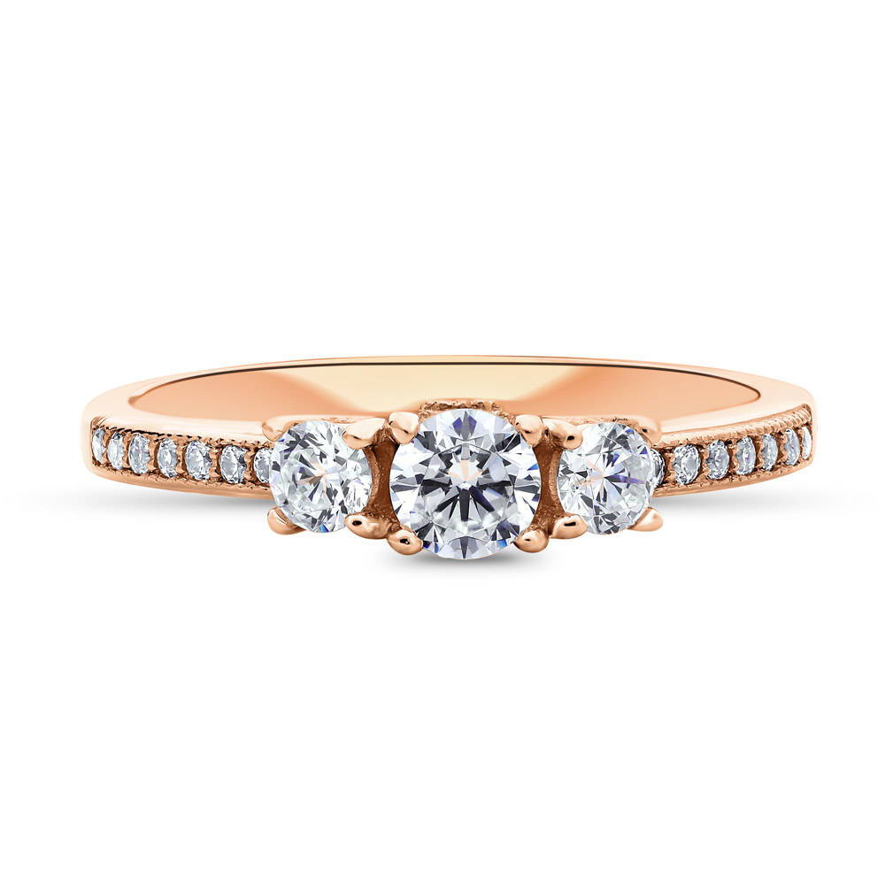 3-Stone Round CZ Ring in Rose Gold Plated Sterling Silver, 1 of 10