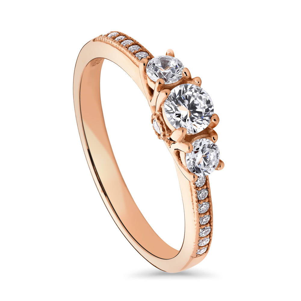 Front view of 3-Stone Round CZ Ring in Rose Gold Plated Sterling Silver, 4 of 10