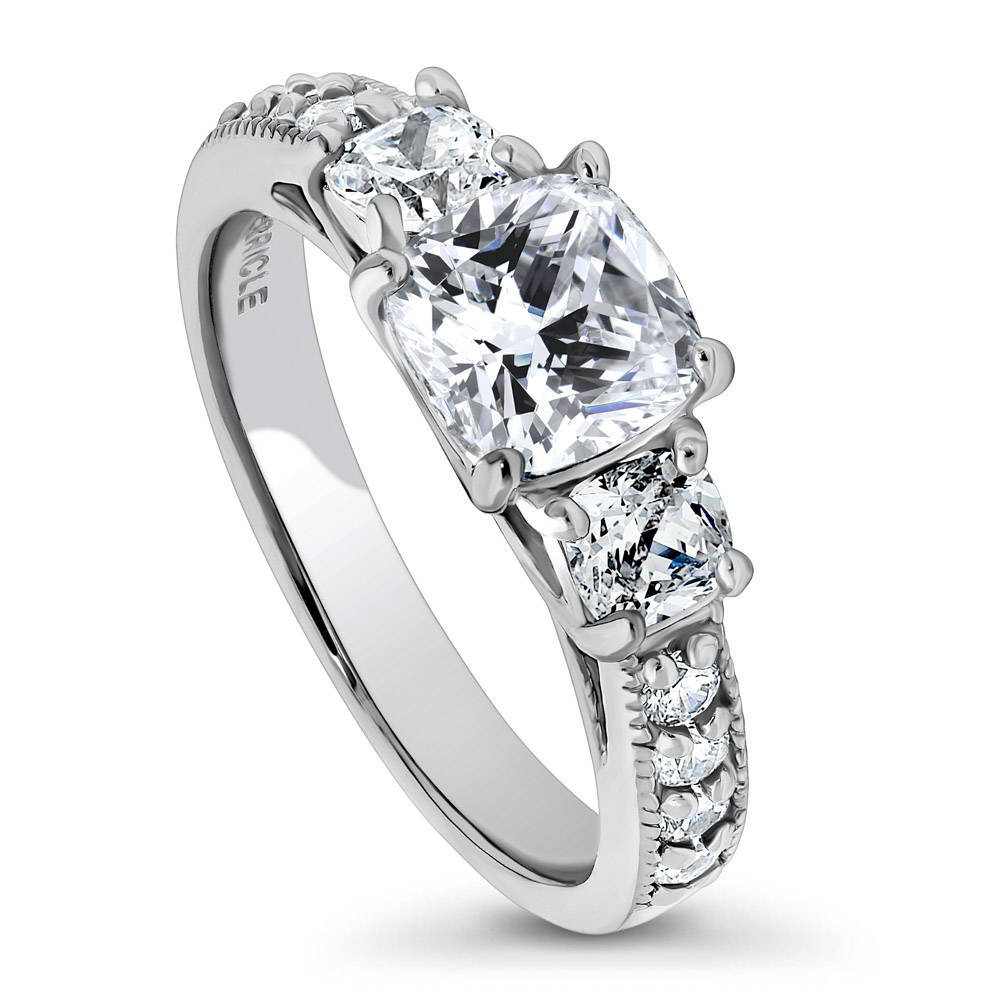Front view of 3-Stone Cushion CZ Ring in Sterling Silver, 3 of 7