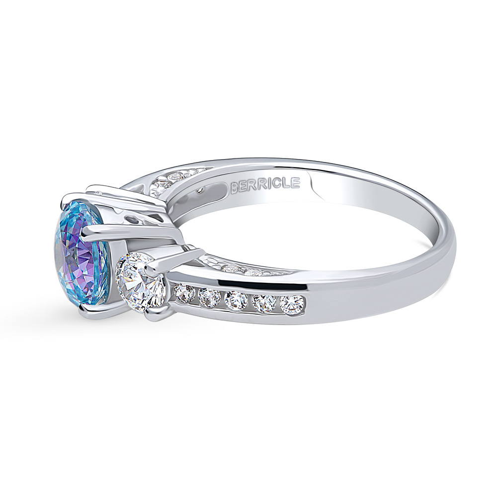 Angle view of 3-Stone Kaleidoscope Purple Aqua CZ Ring in Sterling Silver, 5 of 9