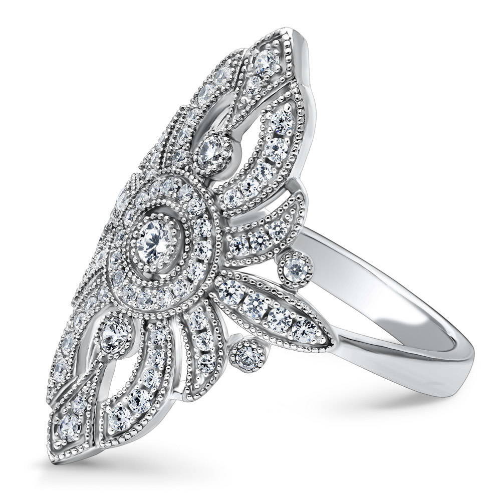 Navette Art Deco Milgrain CZ Ring in Sterling Silver