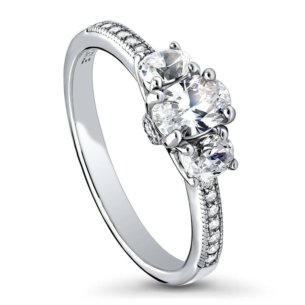 Front view of 3-Stone Oval CZ Ring in Sterling Silver, 3 of 6