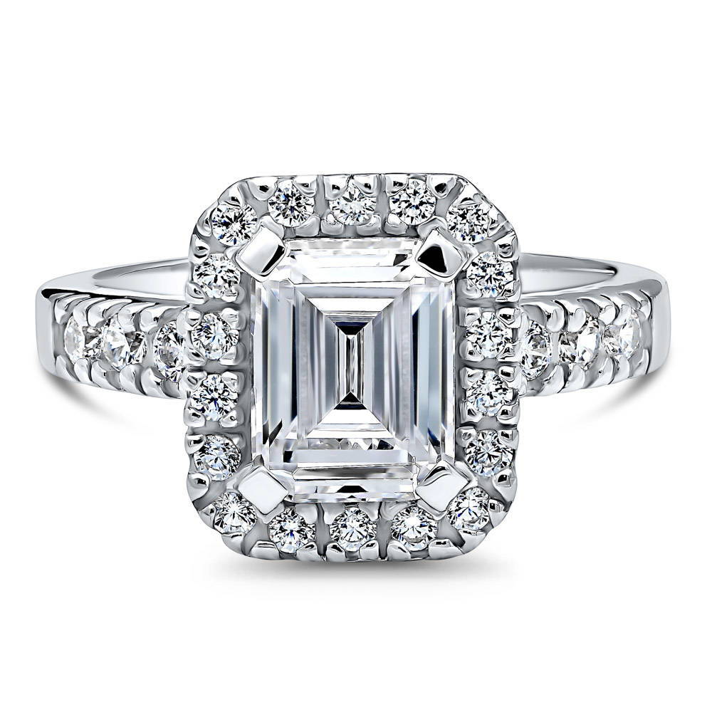 Halo Emerald Cut CZ Ring in Sterling Silver
