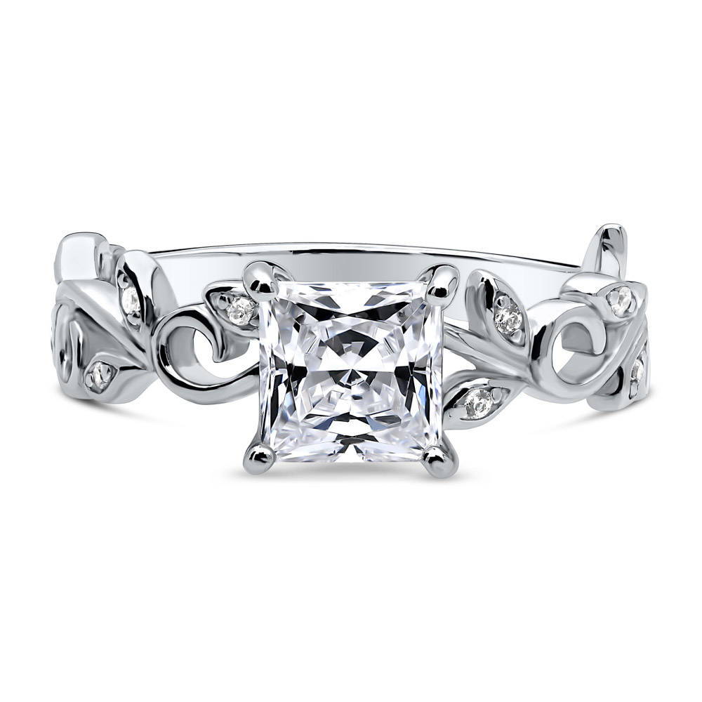 Solitaire Leaf Filigree 1.2ct Princess CZ Ring in Sterling Silver, 1 of 7