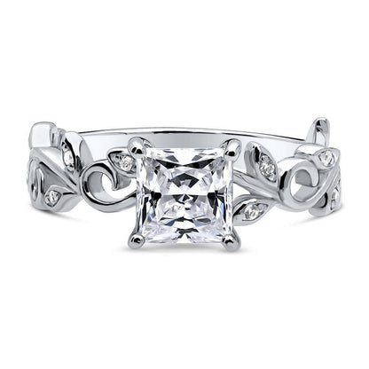 Solitaire Leaf Filigree 1.2ct Princess CZ Ring in Sterling Silver