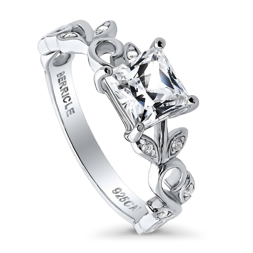 Front view of Solitaire Leaf Filigree 1.2ct Princess CZ Ring in Sterling Silver, 4 of 7