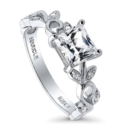 Solitaire Leaf Filigree 1.2ct Princess CZ Ring in Sterling Silver