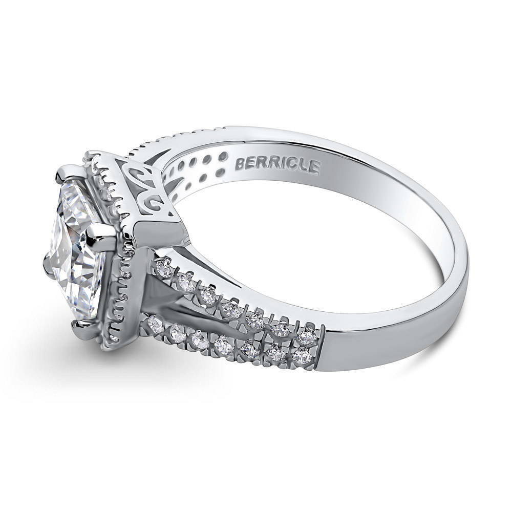 Angle view of Halo Princess CZ Split Shank Ring in Sterling Silver, 4 of 8