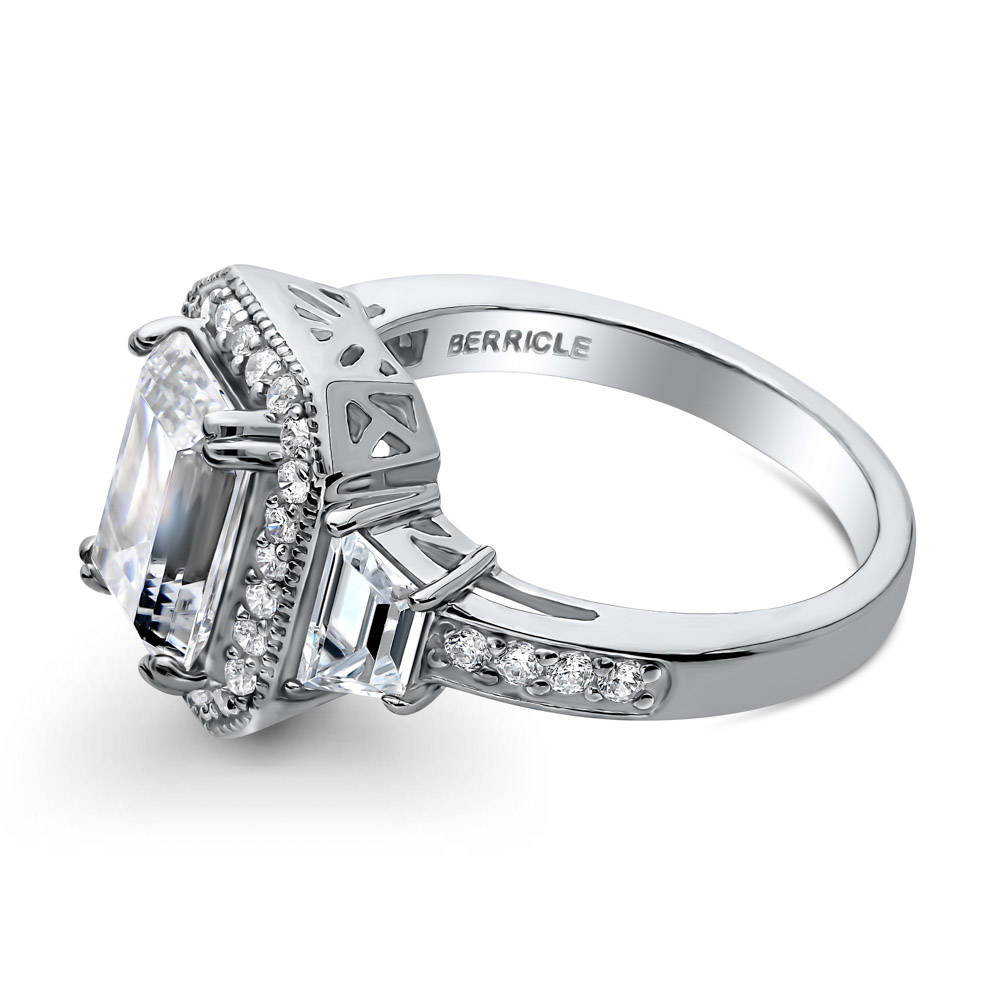 Angle view of Halo Emerald Cut CZ Ring in Sterling Silver, 5 of 8