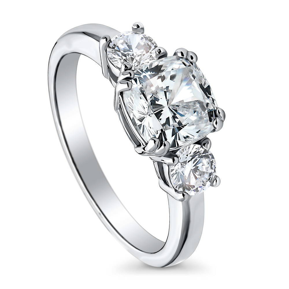 Front view of 3-Stone Cushion CZ Ring in Sterling Silver, 3 of 12